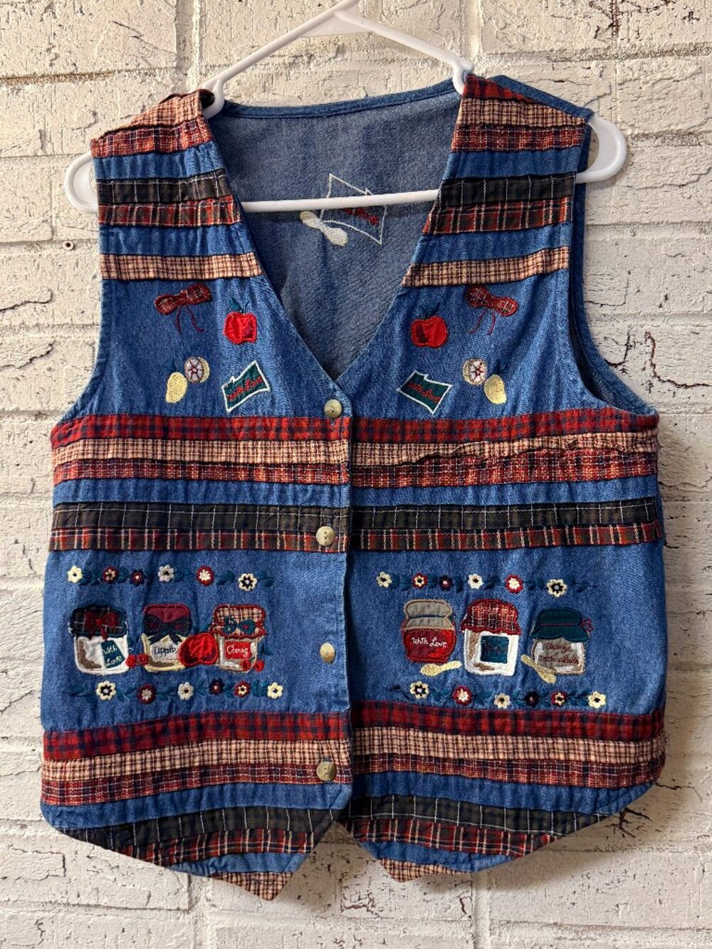Vintage Cottagecore Denim Patchwork Embroidered Vest Jam Jars Apples Plaid Women
